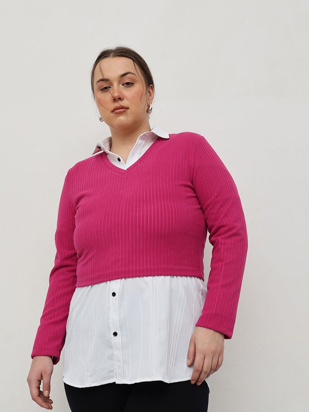 

CURVY STREET Women Self Design Ribbed V-Neck Crop Pullover, Fuchsia