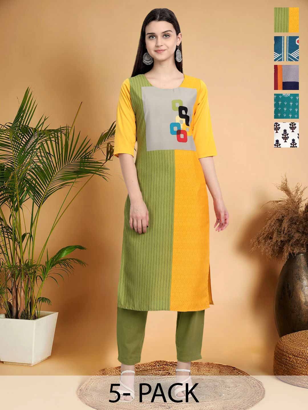 

7Threads Selection of 5 Ethnic Motifs Printed Round Neck Straight Kurta, Green