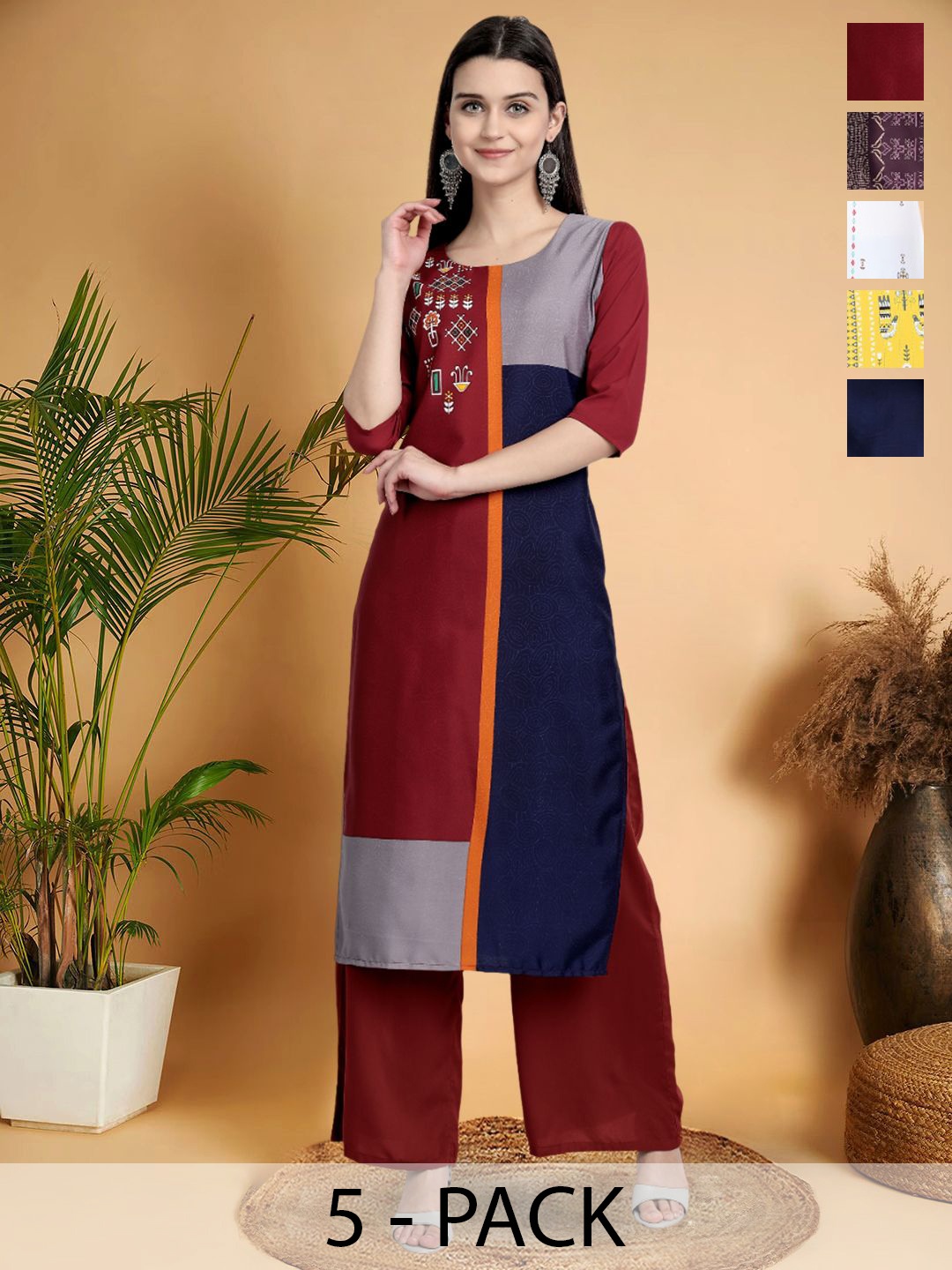 

7Threads Selection Of 5 Colourblocked Printed Round Neck Straight Kurtas, Red