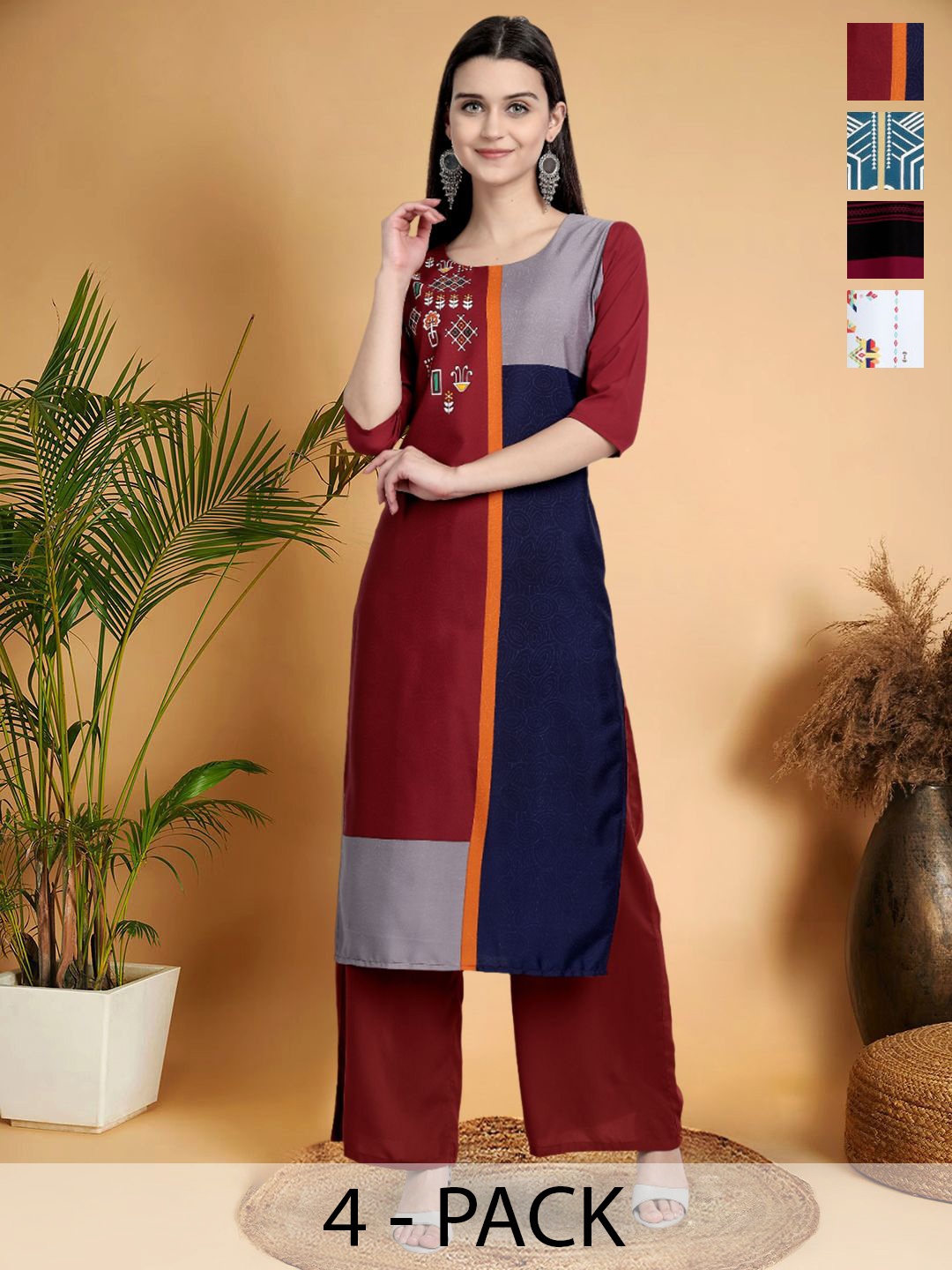 

7Threads Selection Of 4 Colorblocked Printed Round Neck Straight Kurtas, Red