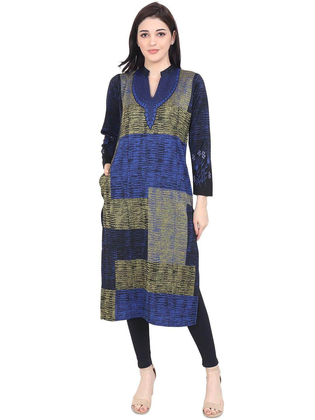 

RROSARY Jacquard Woven Design Abstract Printed Mandarin Collar Woolen Straight Kurta, Blue