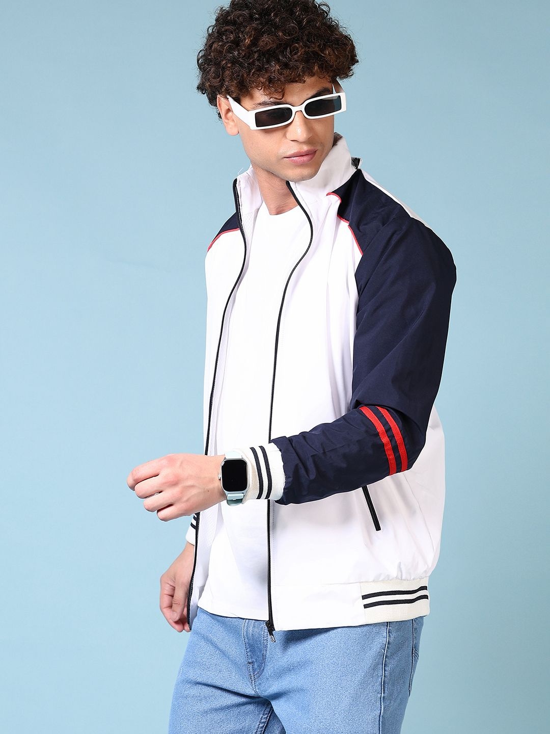 

V-Mart Men Mock Collar Colourblocked Cotton Casual Bomber Jacket, White