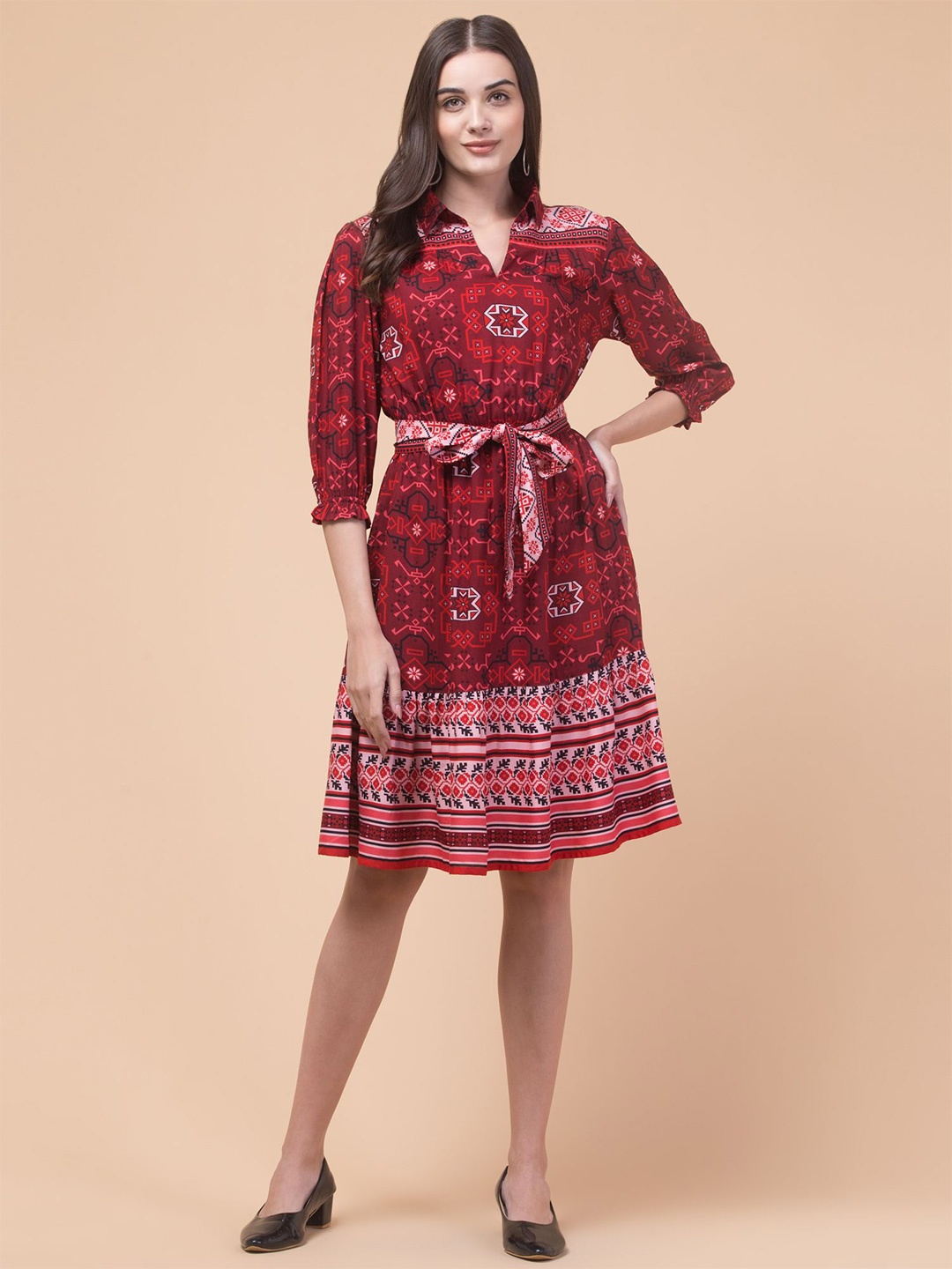 

Hive91 Women Ethnic Motifs Printed A-Line Dress, Maroon