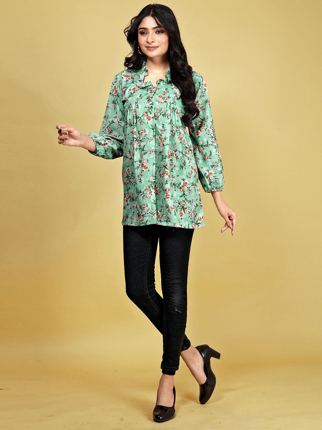 

BANJANAN Floral Printed Satin Shirt Style Top, Green