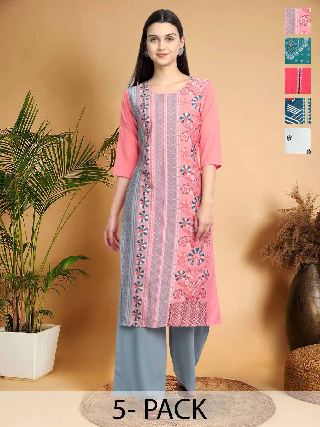 

7Threads Selection Of 5 Geometric Printed Round Neck Straight Kurtas, Pink