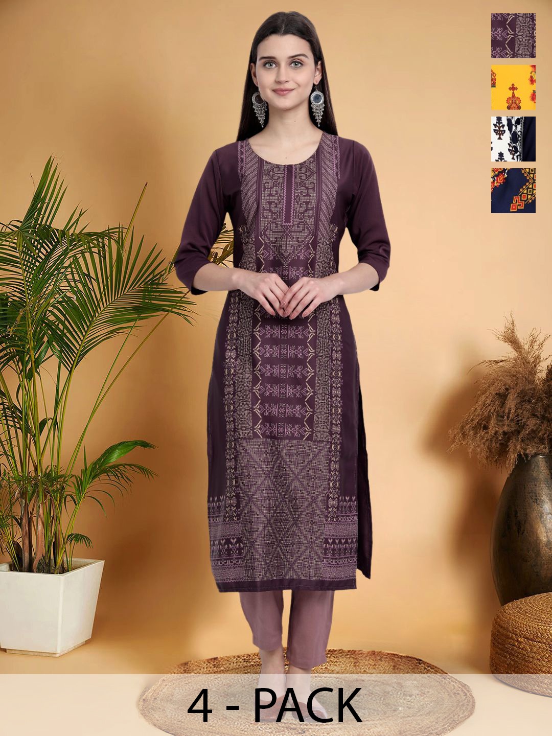 

7Threads Selection Of 4 Ethnic Motifs Printed Round Neck Straight Kurtas, Burgundy