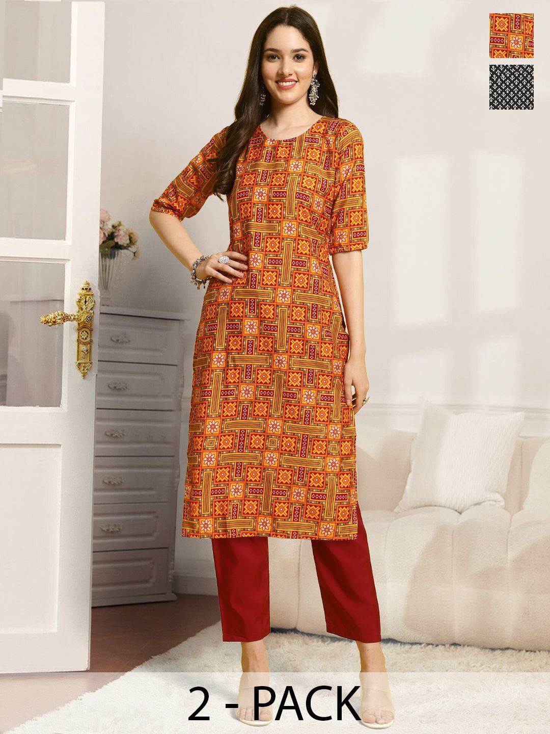 

7Threads Selection Of 2 Ethnic Motifs Printed Straight Kurta With Trousers, Black