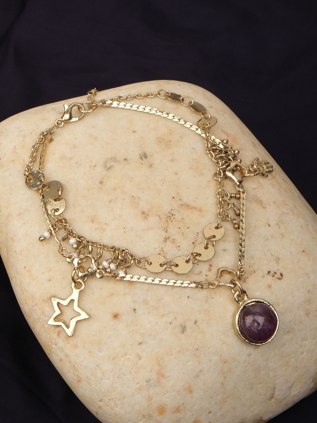 

XPNSV Gold-Plated Stone Studded Dazzling Moon Charm layer Bracelet