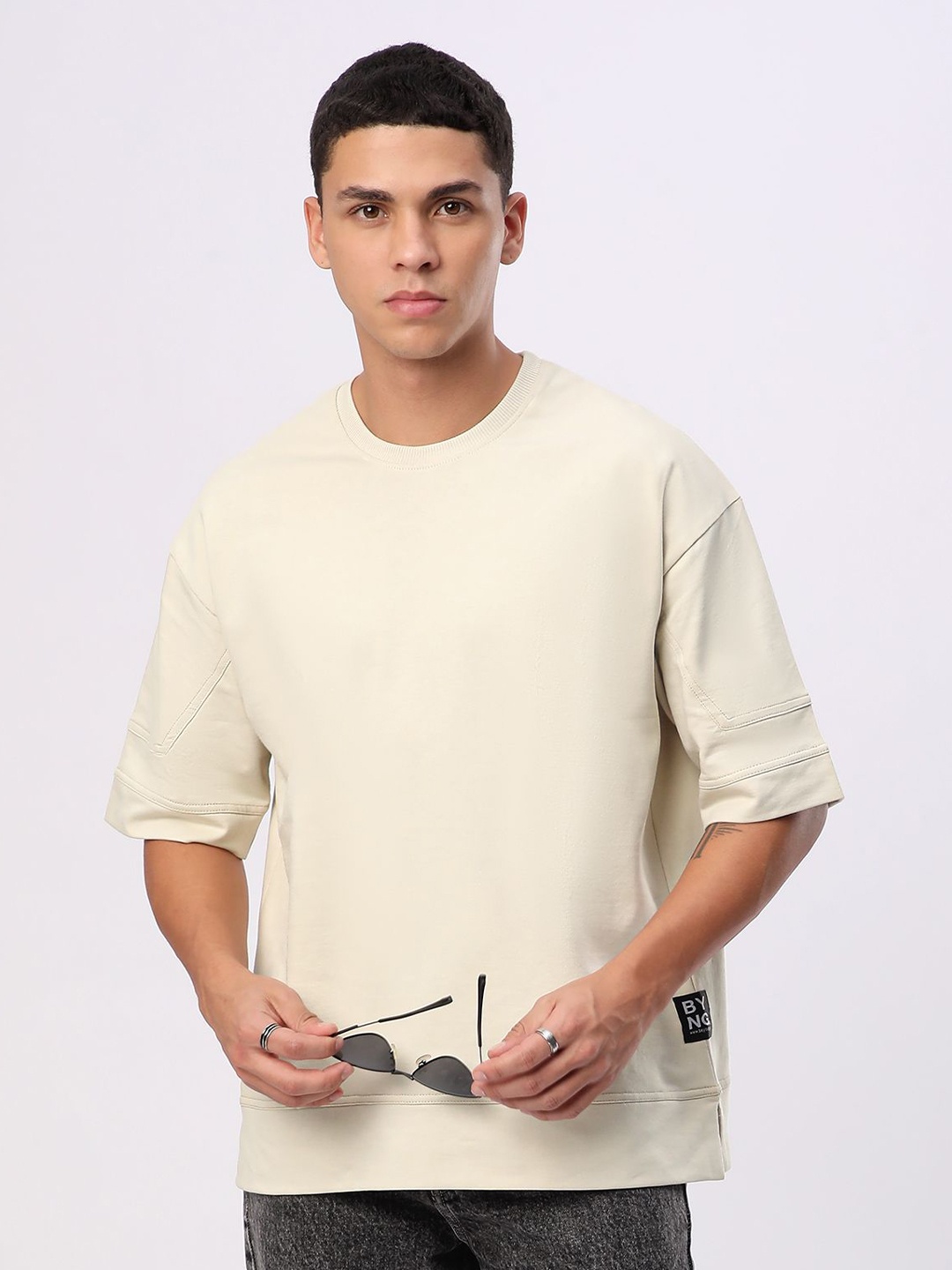

Beyoung Men Round Neck Oversized Cotton Casual T-shirt, Cream