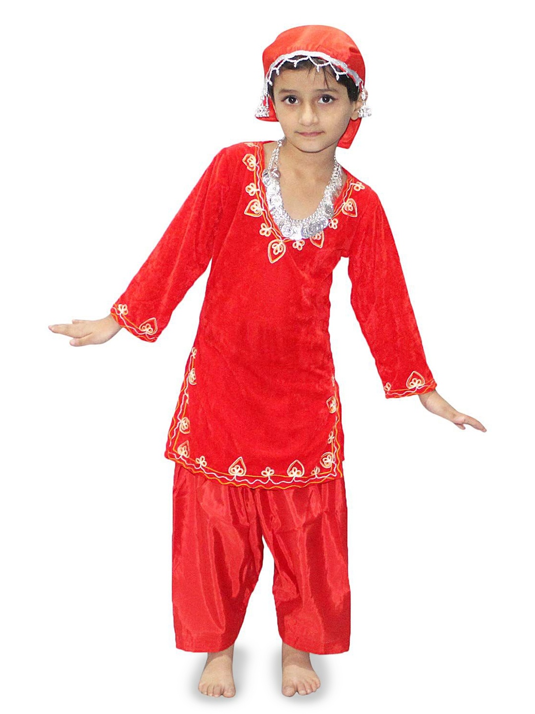 

Kaku Fancy dresses Girls Kashmiri Dance Costume Embroidered Tunic With Trouser & Scarf, Red