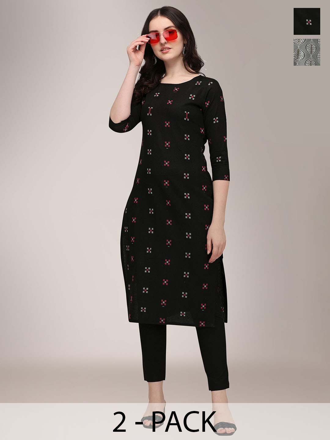 

KALINI Selection Of 2 Geometric Printed Round Neck Straight Kurtas With Trousers, Black
