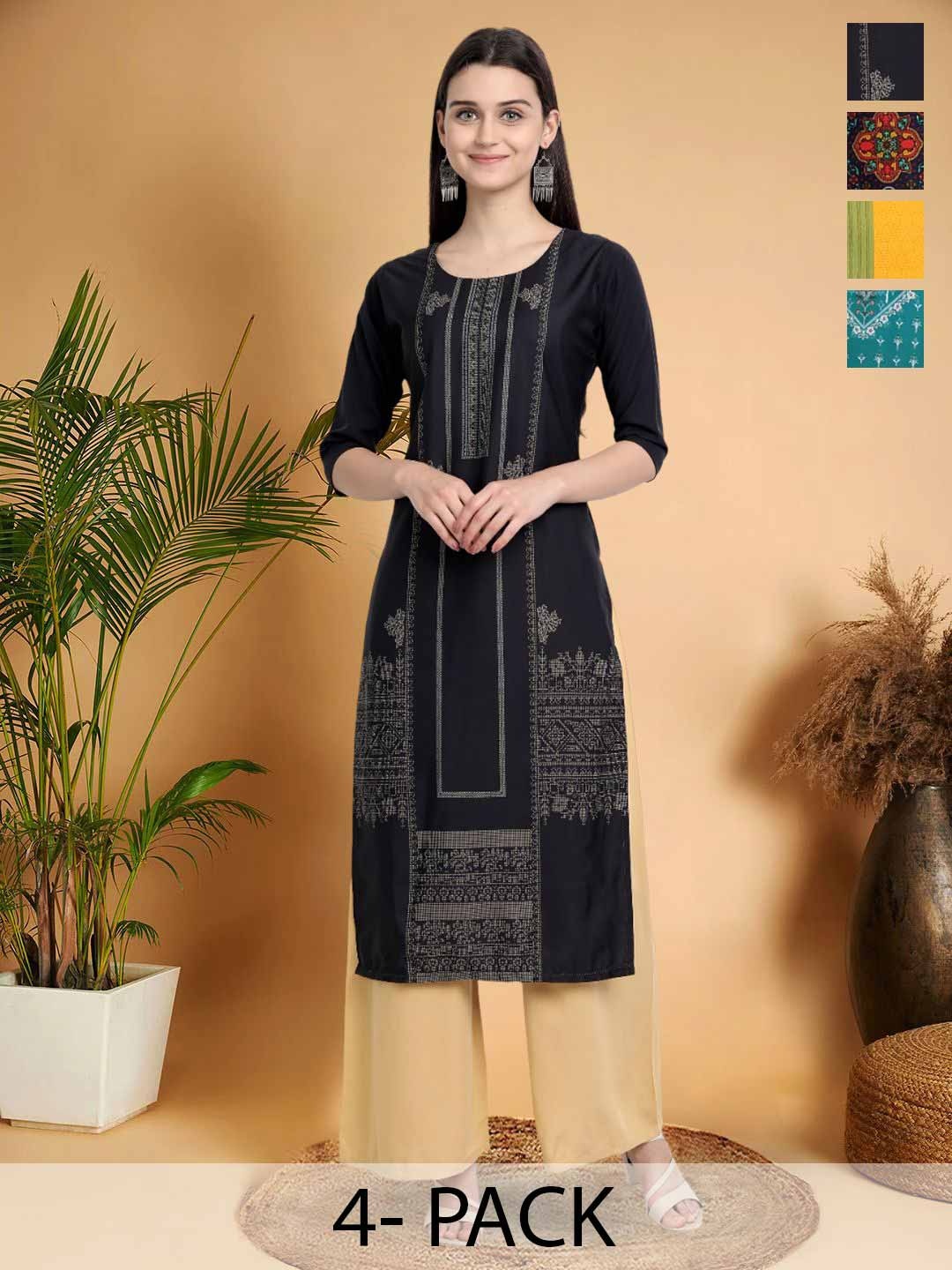 

7Threads Selection Of 4 Ethnic Motifs Printed Round Neck Straight Kurta, Black