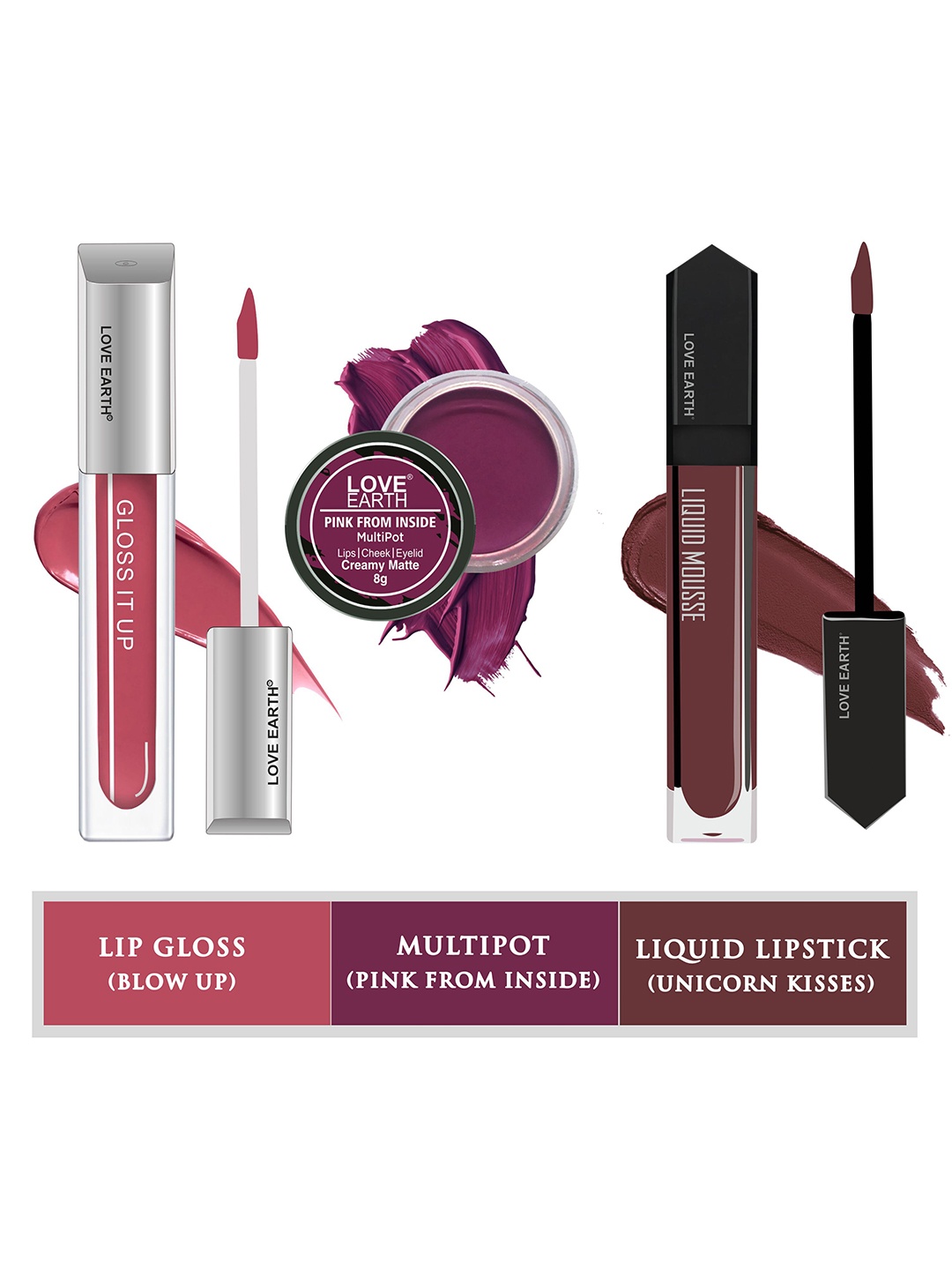 

LOVE EARTH Set Of 3 Lip & Cheek Tint Multipot - 8g -Lip Gloss - 3ml-Liquid Lipstick - 6ml, Pink