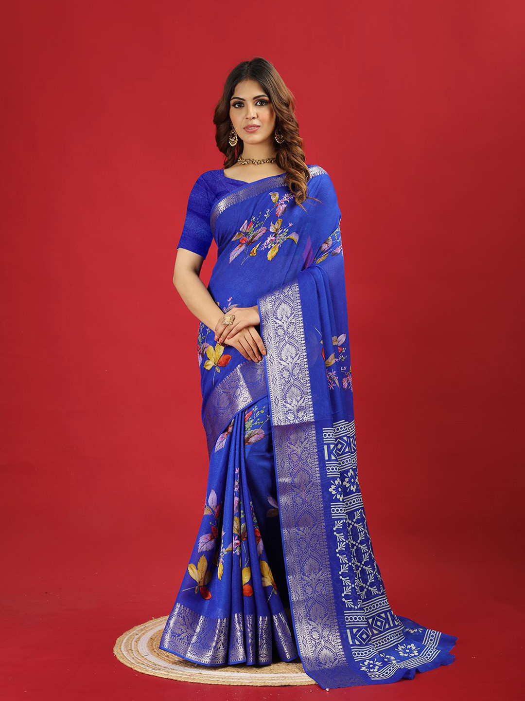 

A.V.M. SILK MILLS Floral Zari Saree, Blue