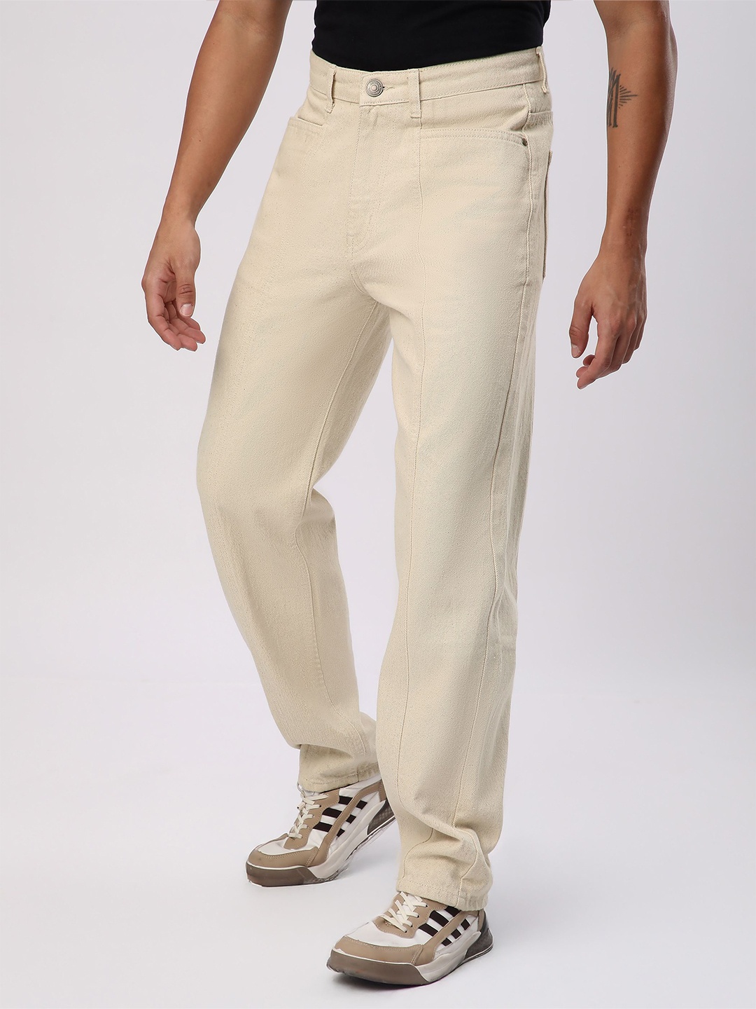 

Beyoung Men Cream Cut and Sew Baggy Fit Jeans