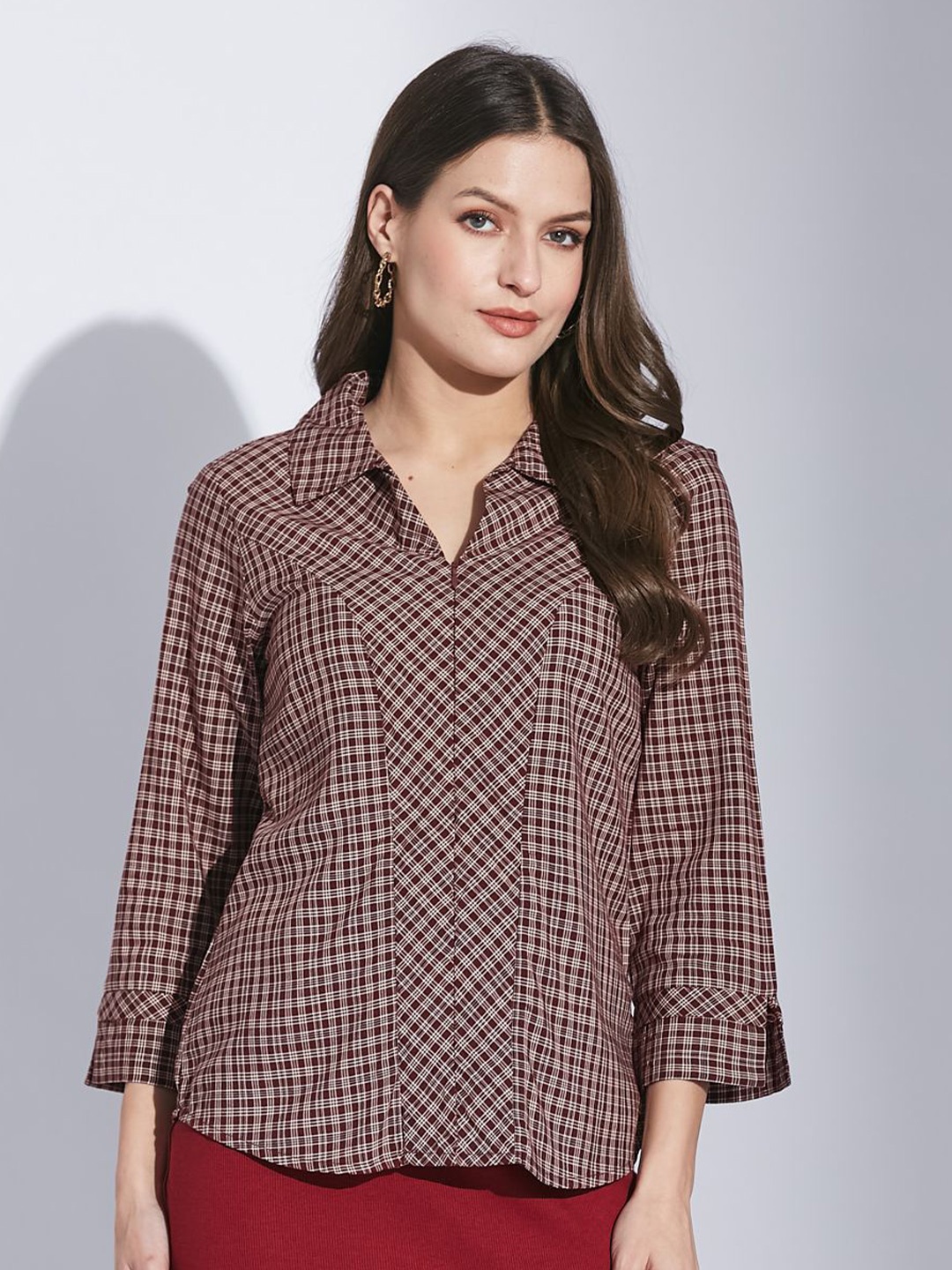 

Latin Quarters Women New Fit Spread Collar Tartan Checked Casual Shirt, Maroon