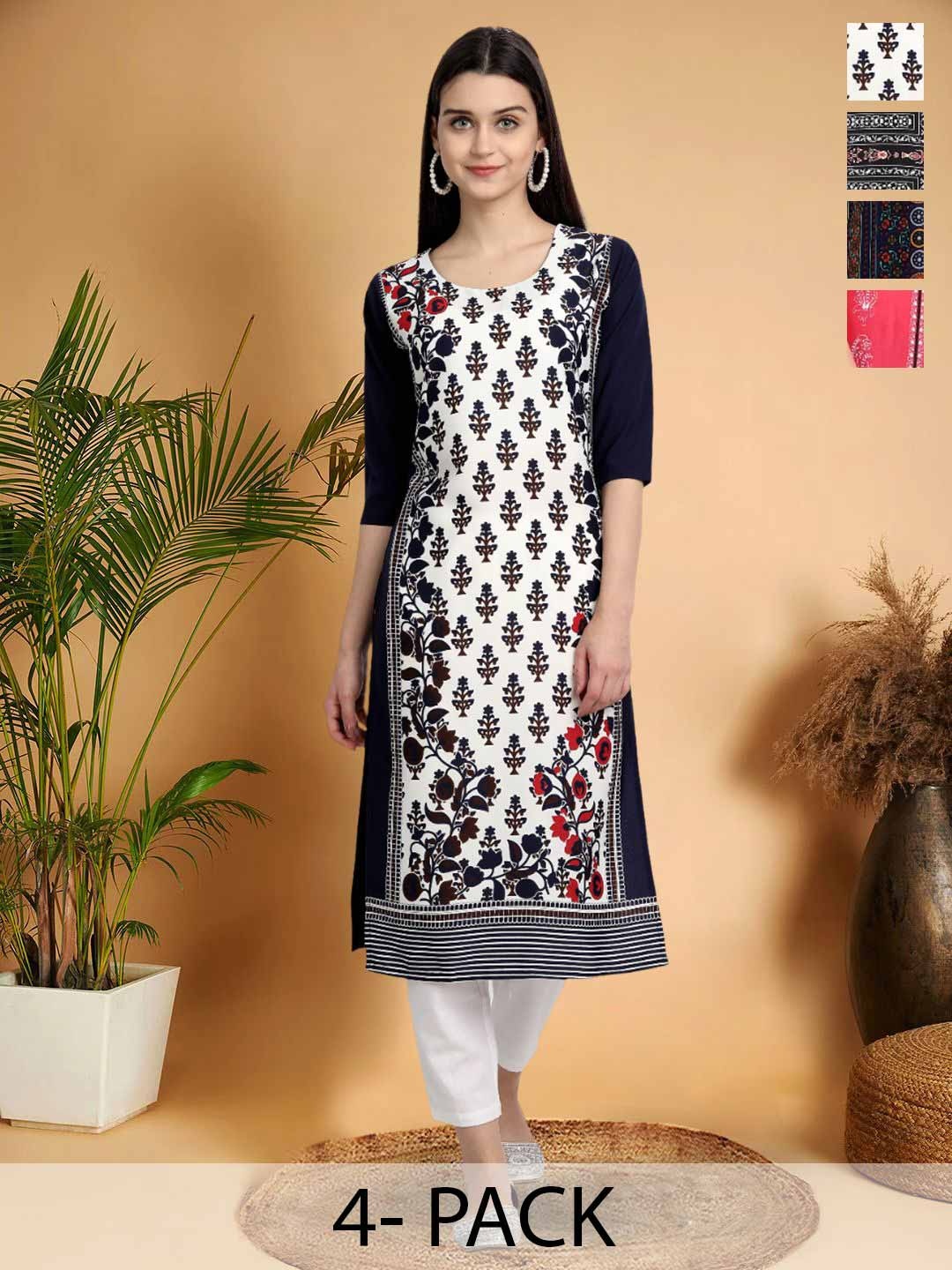 

7Threads Selection Of 4 Floral Printed Round Neck Straight Kurtas, Black