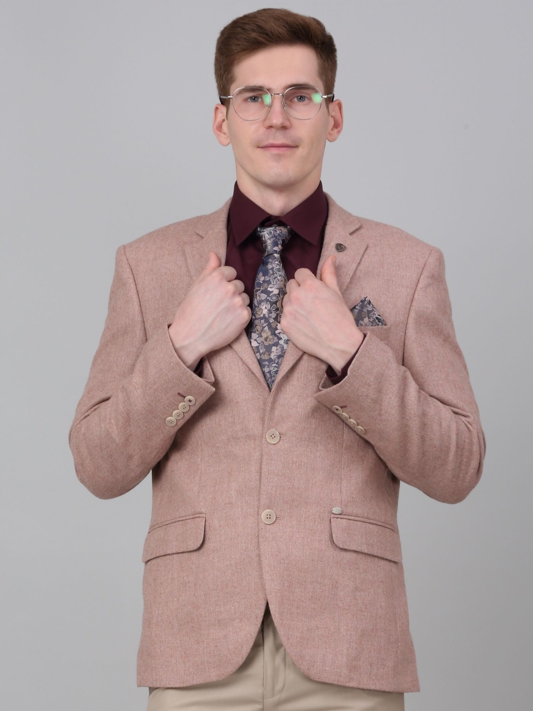 

Cantabil Self Design Notched Lapel Single Breasted Blazer, Coral