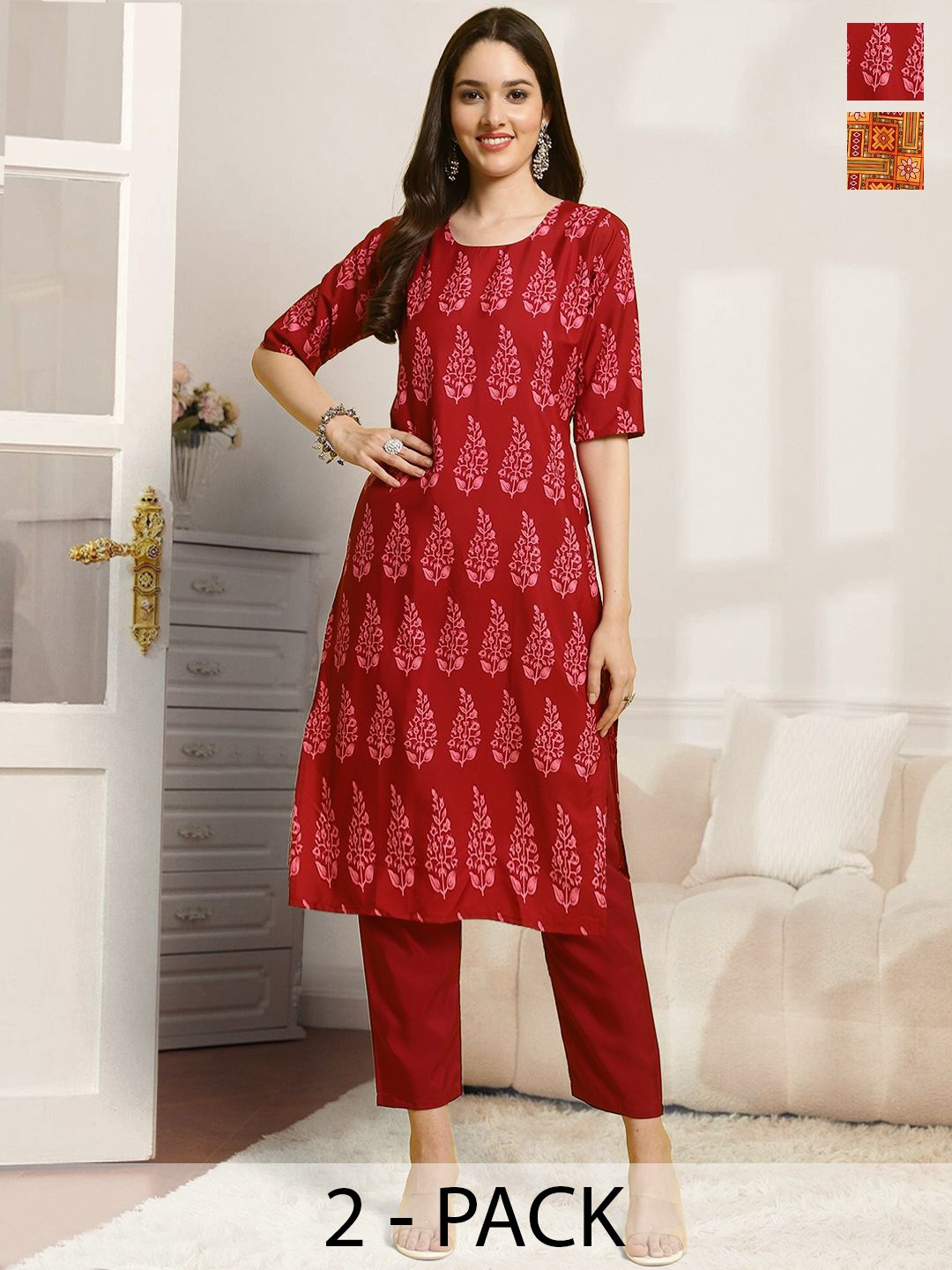 

7Threads Selection Of 2 Floral Printed Straight Kurta with Trousers, Maroon