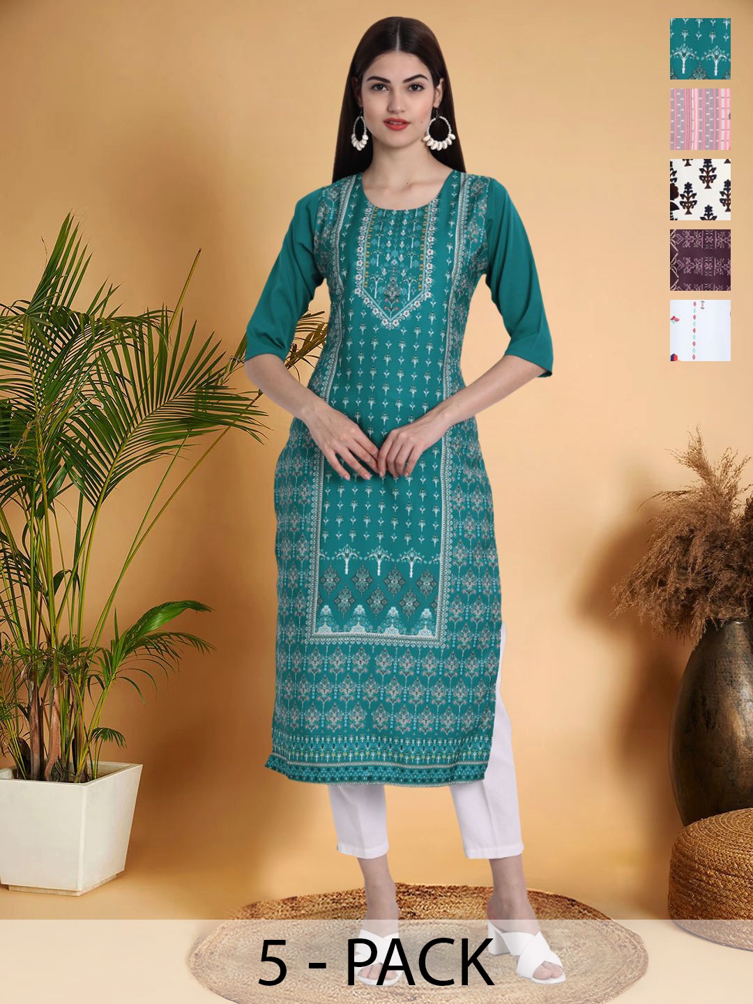 

7Threads Selection Of 5 Ethnic Motifs Printed Round Neck Straight Kurta, Teal