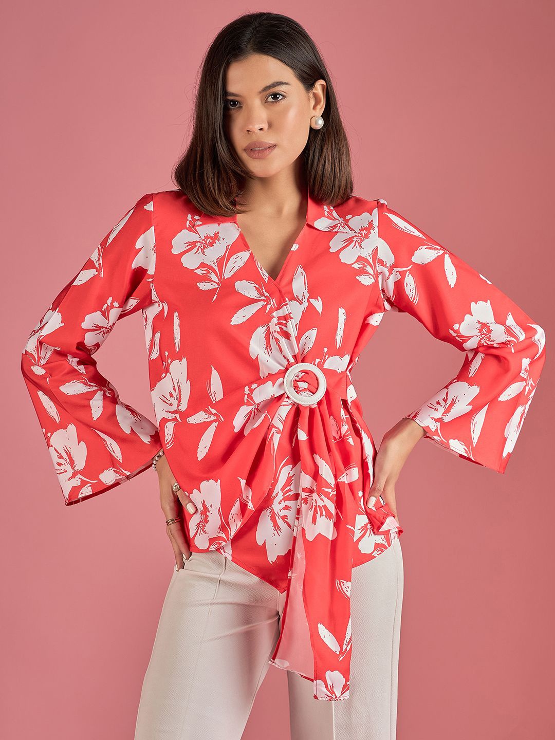 

DressBerry Floral Printed Bell Sleeve Crepe Waist Tie Up Top, Red