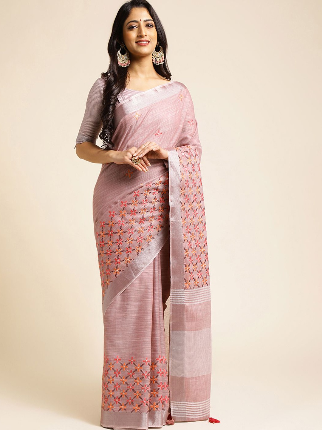 

A.V.M. SILK MILLS Ethnic Motifs Zari Pure Cotton Saree, Pink