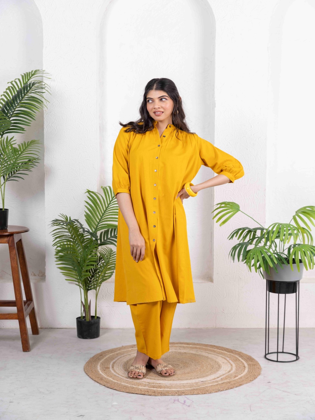 

INAAYA JAIPUR Mandarin Collar Pure Cotton Tunic & Palazzo, Mustard