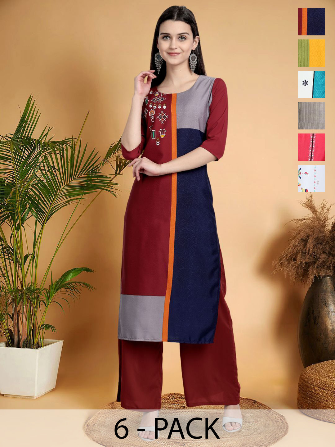 

7Threads Selection Of 6 Ethnic Motif Printed Round Neck Straight Kurtas, Rust