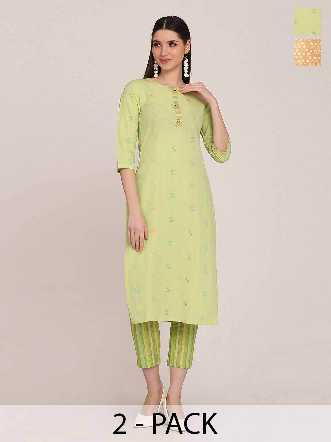 

KALINI Selection Of 2 Woven Design Straight Kurtas With Trousers, Sea green