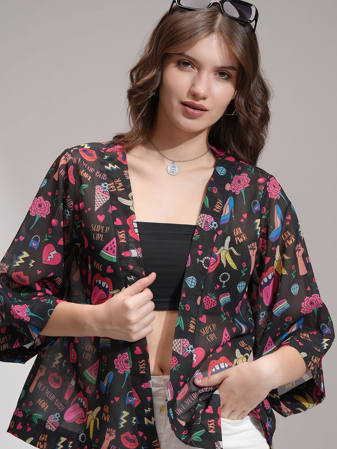 

Tokyo Talkies Women Printed Front Open Shrug, Black