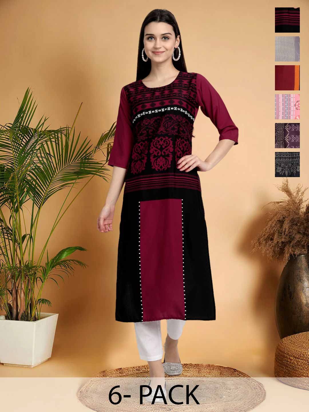 

7Threads Selection Of 6 Ethnic Motifs Printed Round Neck Straight Kurtas, Burgundy