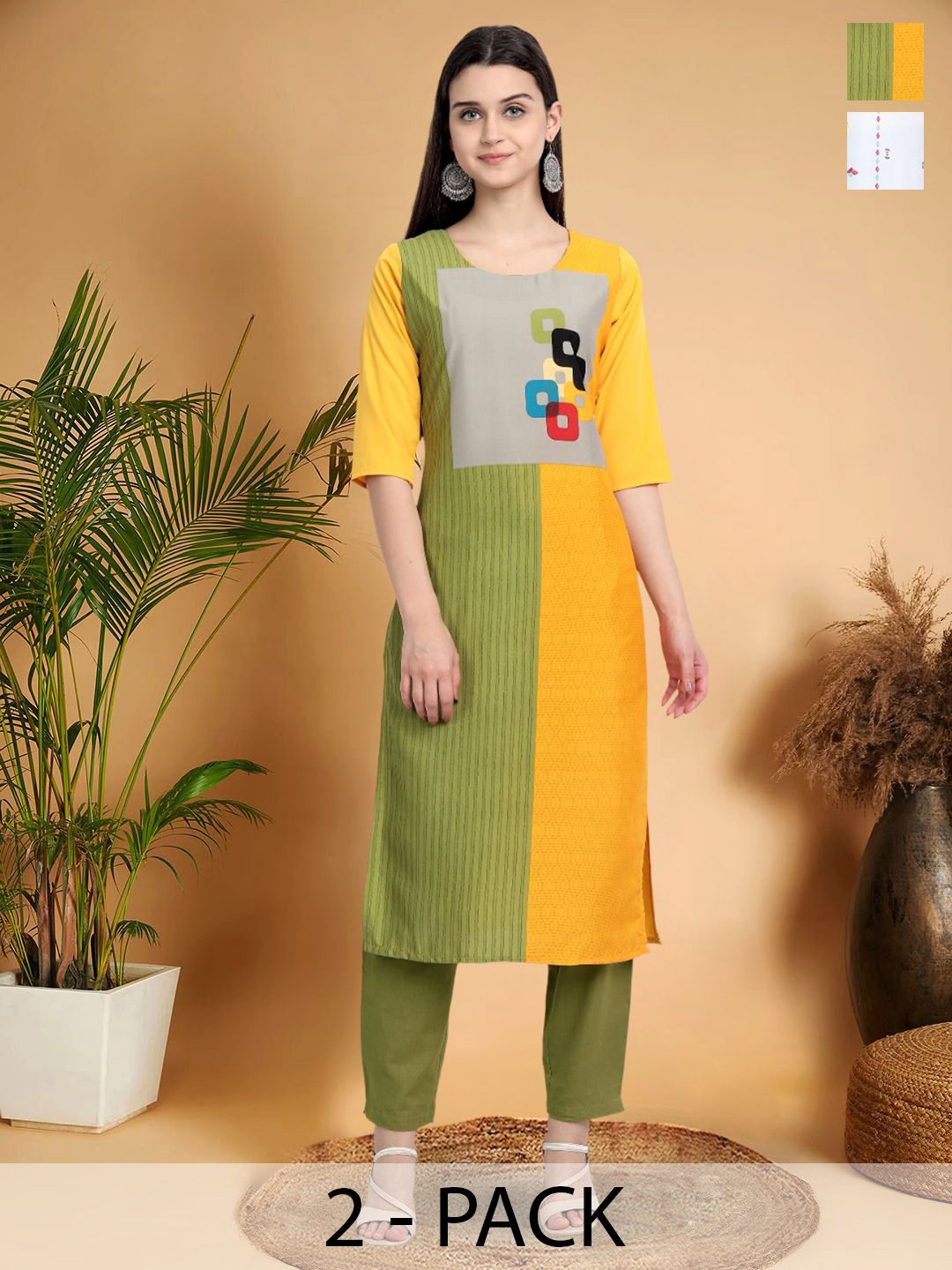 

7Threads Selection Of 2 Colourblocked Printed Round Neck Straight Kurtas, Grey