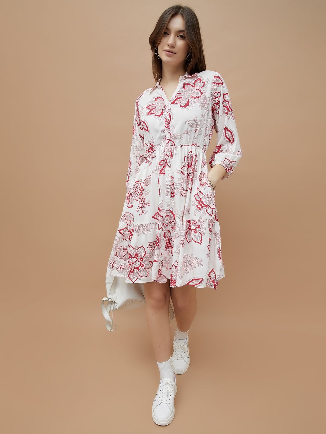 

Colour Me by Melange Women Floral Printed Shirt Above Knee Dress, White