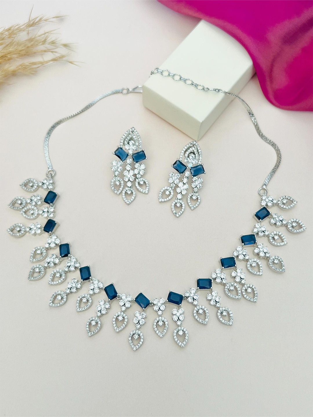 

ABDESIGNS Sliver Plated American Diamond Studded Jewellery Set, Silver