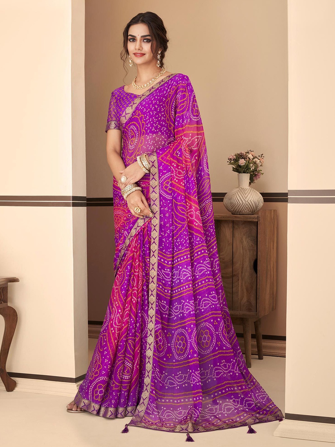 

Peachmode Bandhani Pure Chiffon Bandhani Saree, Purple