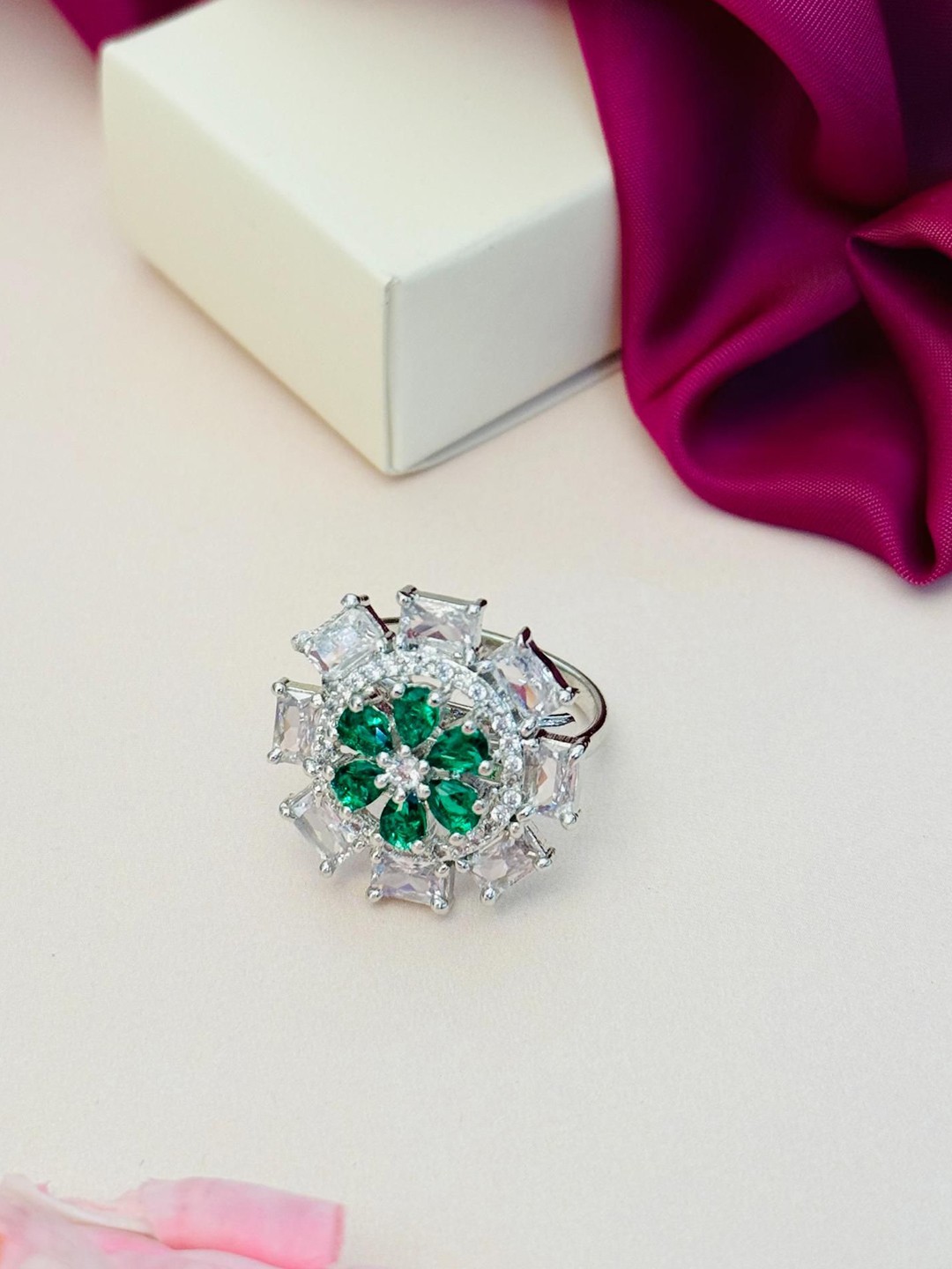 

ABDESIGNS Exquisite Silver Plated American Diamond Stone Studded Ring