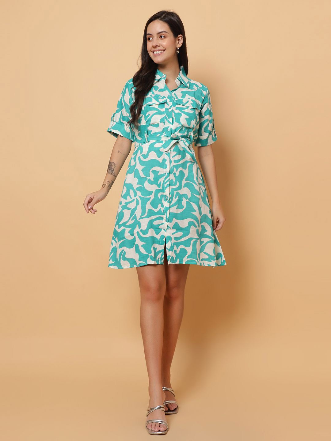 

ROSEMELON Floral Printed Crepe Shirt Dress, Teal