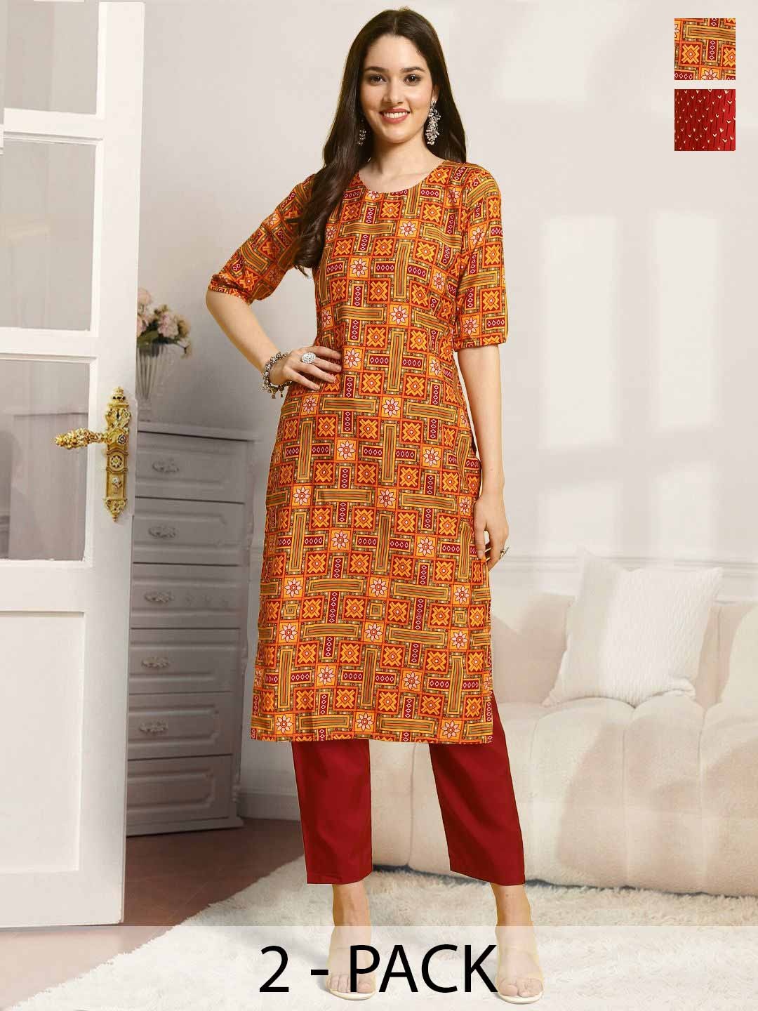 

7Threads Selection Of 2 Ethnic Motifs Printed Round Neck Straight Kurtas With Trousers, Red