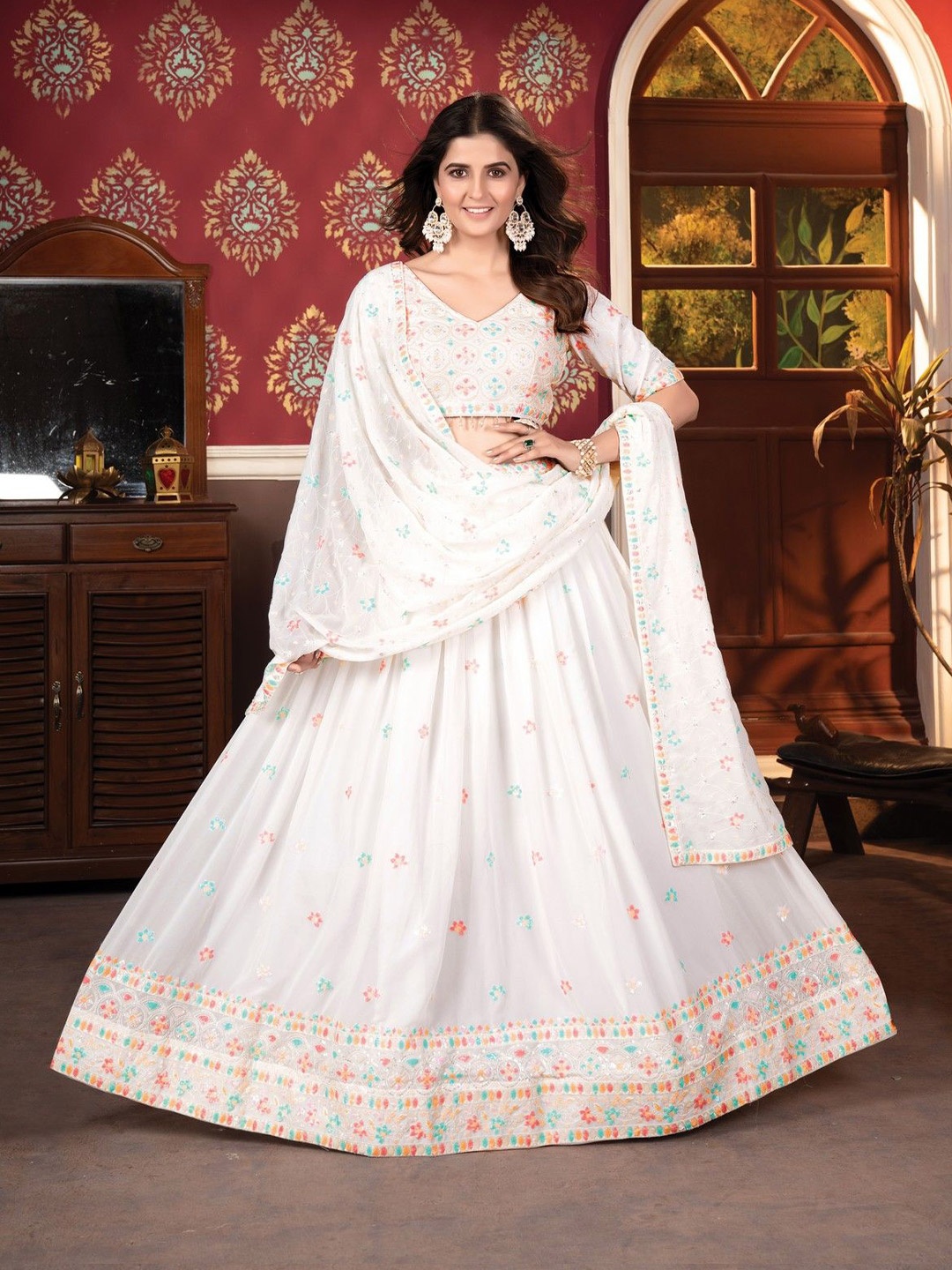 

ZEEPKART Embroidered Thread Work Semi-Stitched Lehenga & Blouse With Dupatta, White