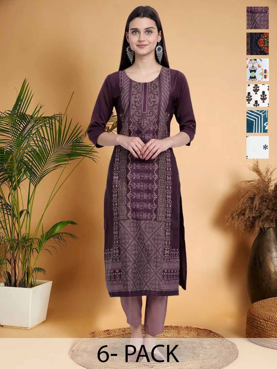 

7Threads Selection Of 6 Ethnic Motifs Printed Round Neck Straight Kurtas, Purple