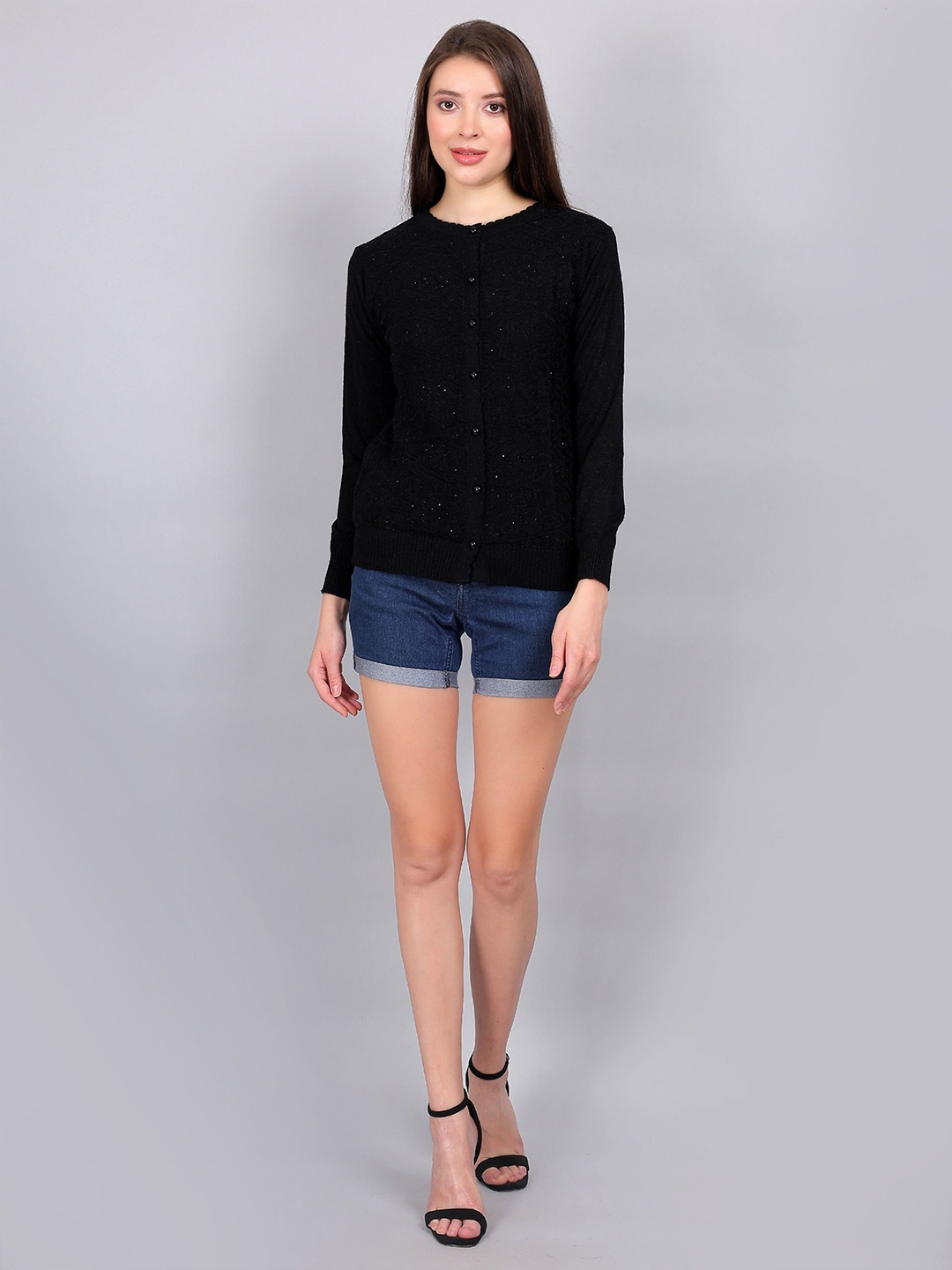 

YOUTH ROBE Women Round Neck Cardigan Sweaters, Black