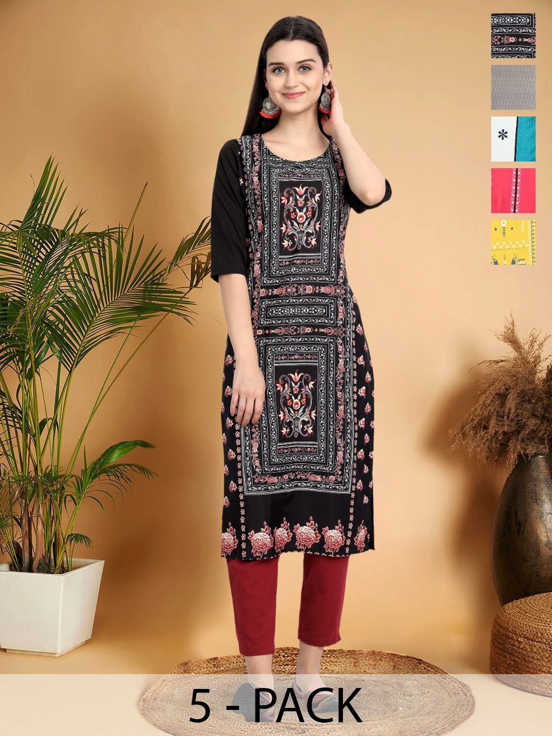 

7Threads Selection Of 5 Ethnic Motifs Printed Round Neck Straight Kurtas, Black