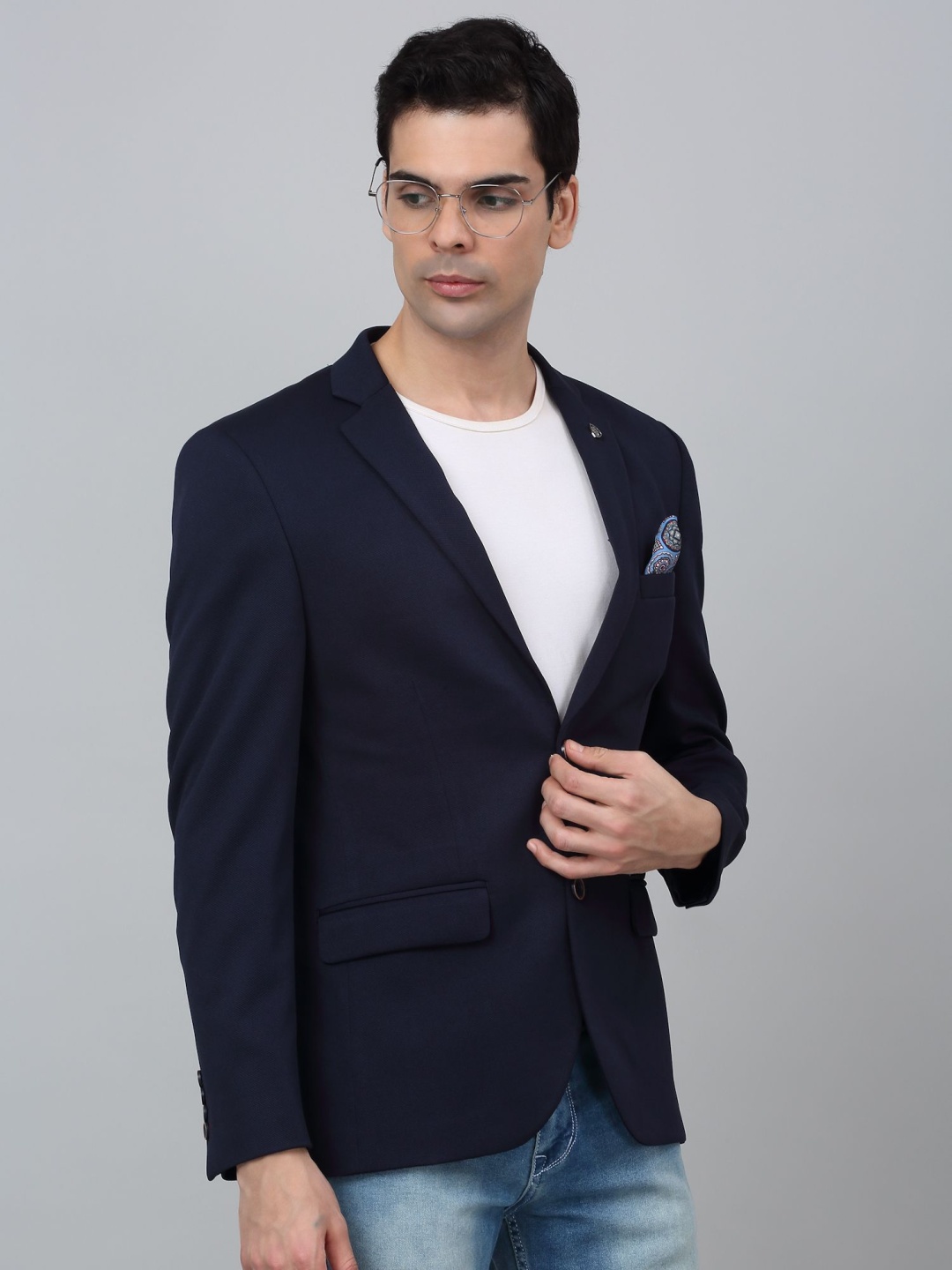 

Cantabil Self Design Notched Lapel Single Breasted Blazer, Navy blue