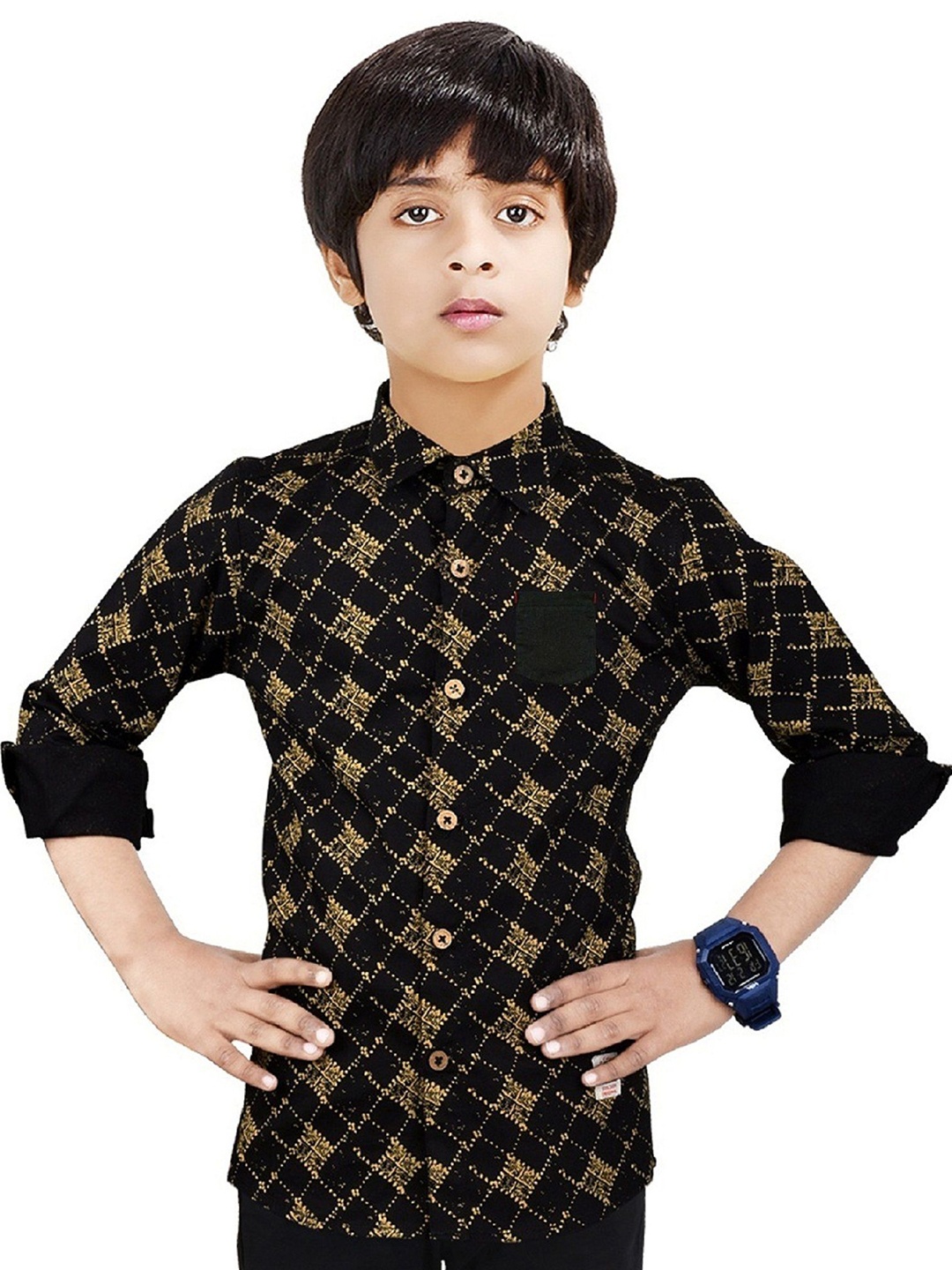 

MADE IN THE SHADE Boys Spread Collar Geometric Printed Cotton Casual Shirt, Black