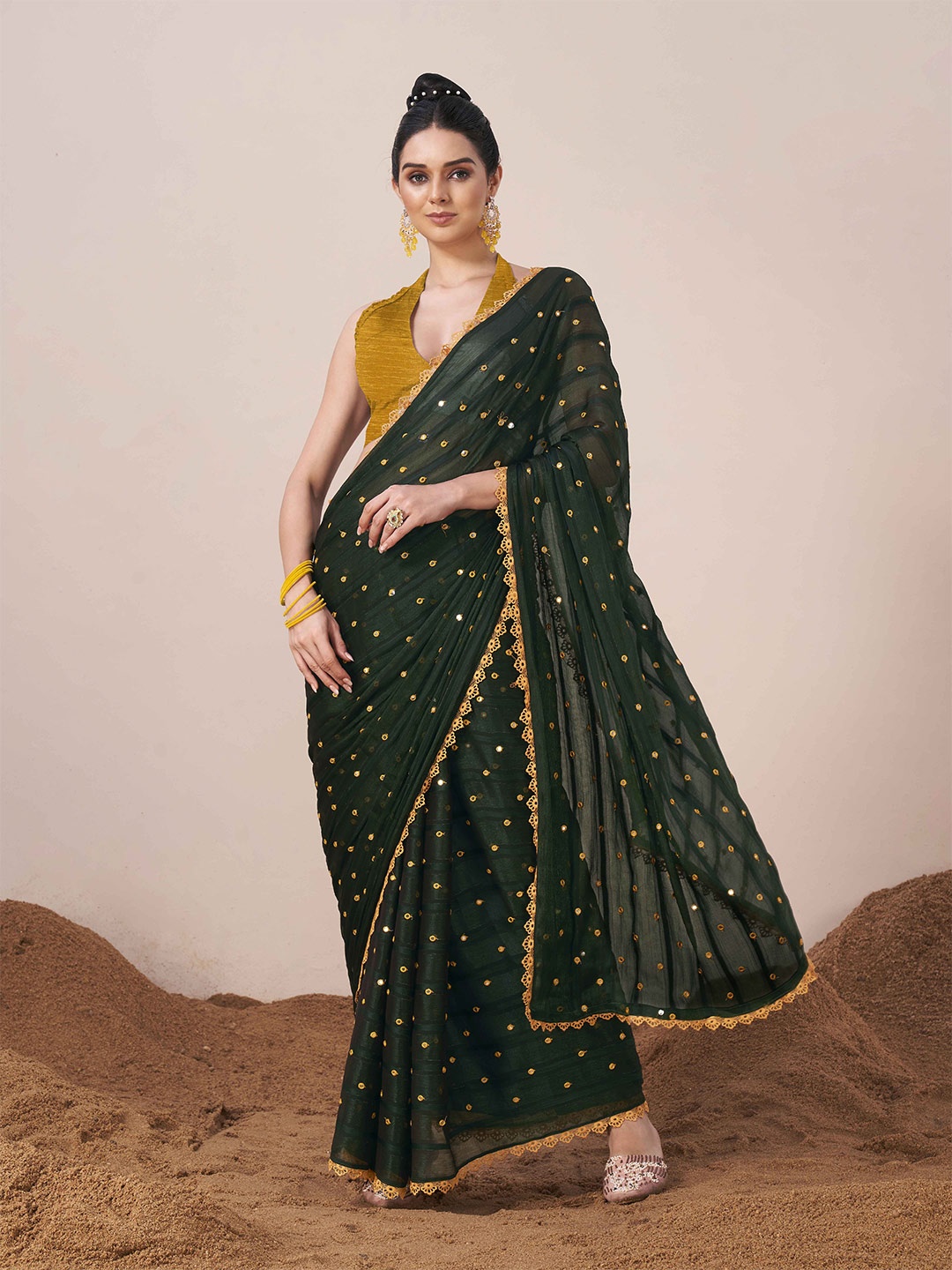 

Tikhi Imli Embellished Mirror Work Saree, Green