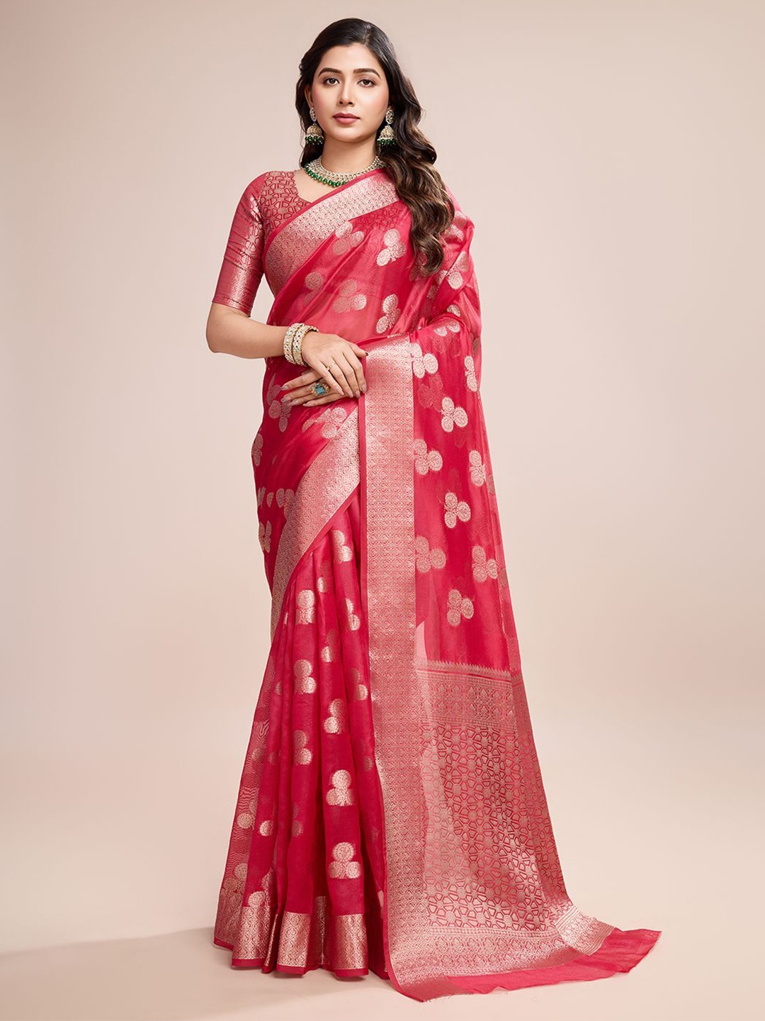 

Melok Woven Design Zari Organza Banarasi Saree, Red