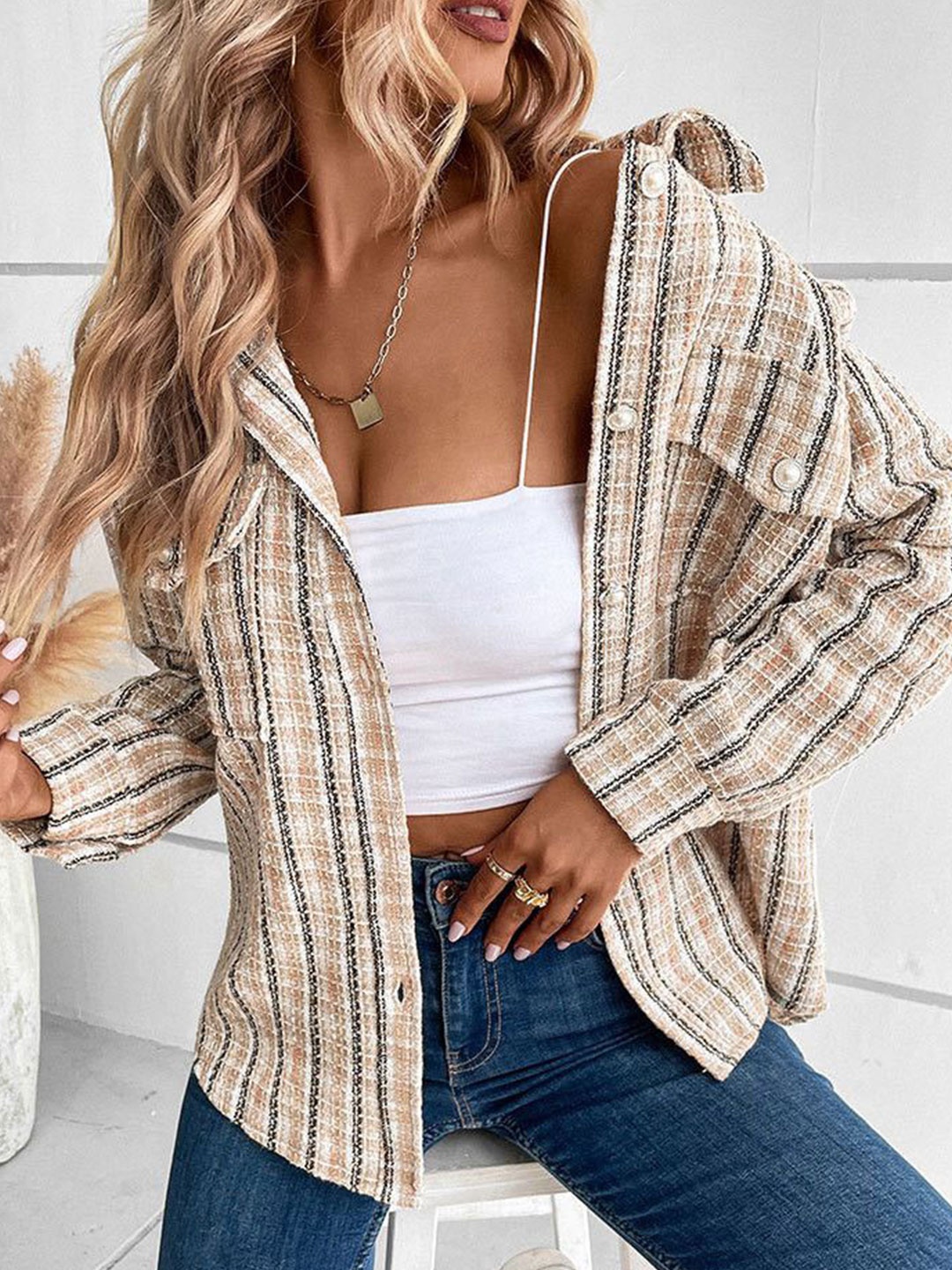 

DressBerry Women Striped Shirt Style Top, Khaki