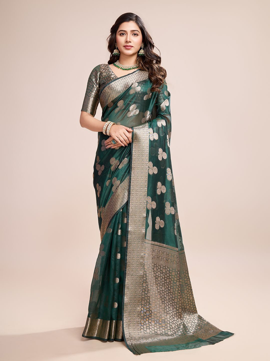 

SHRIMAY Woven Design Zari Organza Banarasi Saree, Green