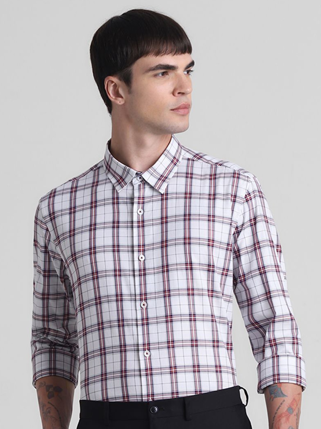 

Jack & Jones Men Slim Fit Spread Collar Tartan Checked Cotton Casual Shirt, White