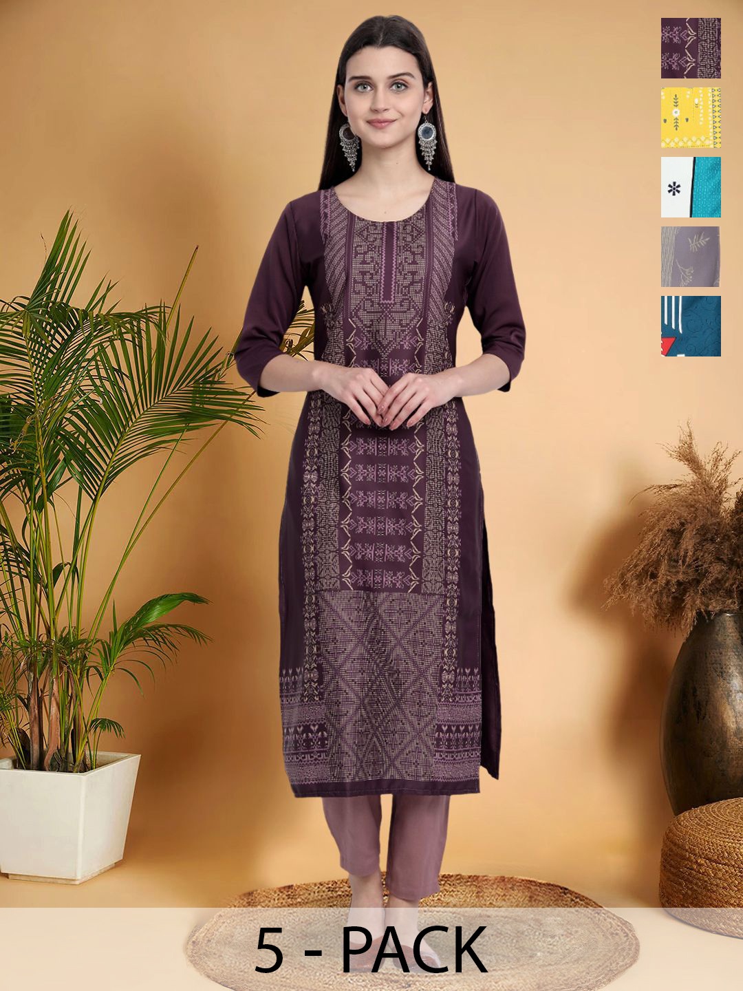 

7Threads Selection Of 5 Ethnic Motifs Printed Round Neck Straight Kurtas, Purple